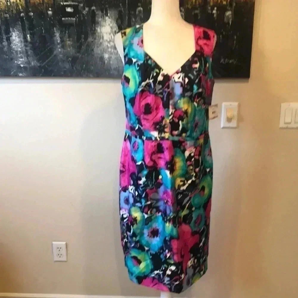 Kasper Orchid Multi Black Pink Blue Floral Print Fully Lined Dress-Size 6